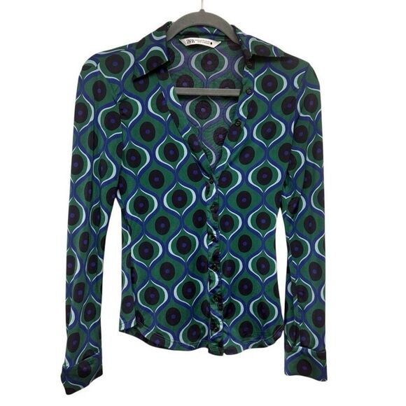 Zara retro print long sleeve button down top size XS - Picture 1 of 3